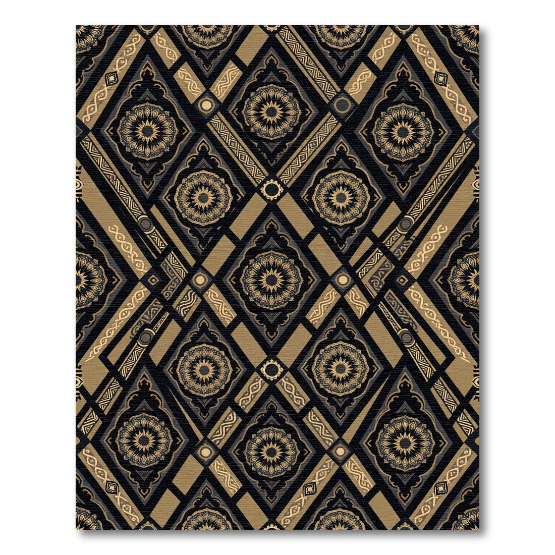 Gold Black Ornate Geometric Diamond Rug