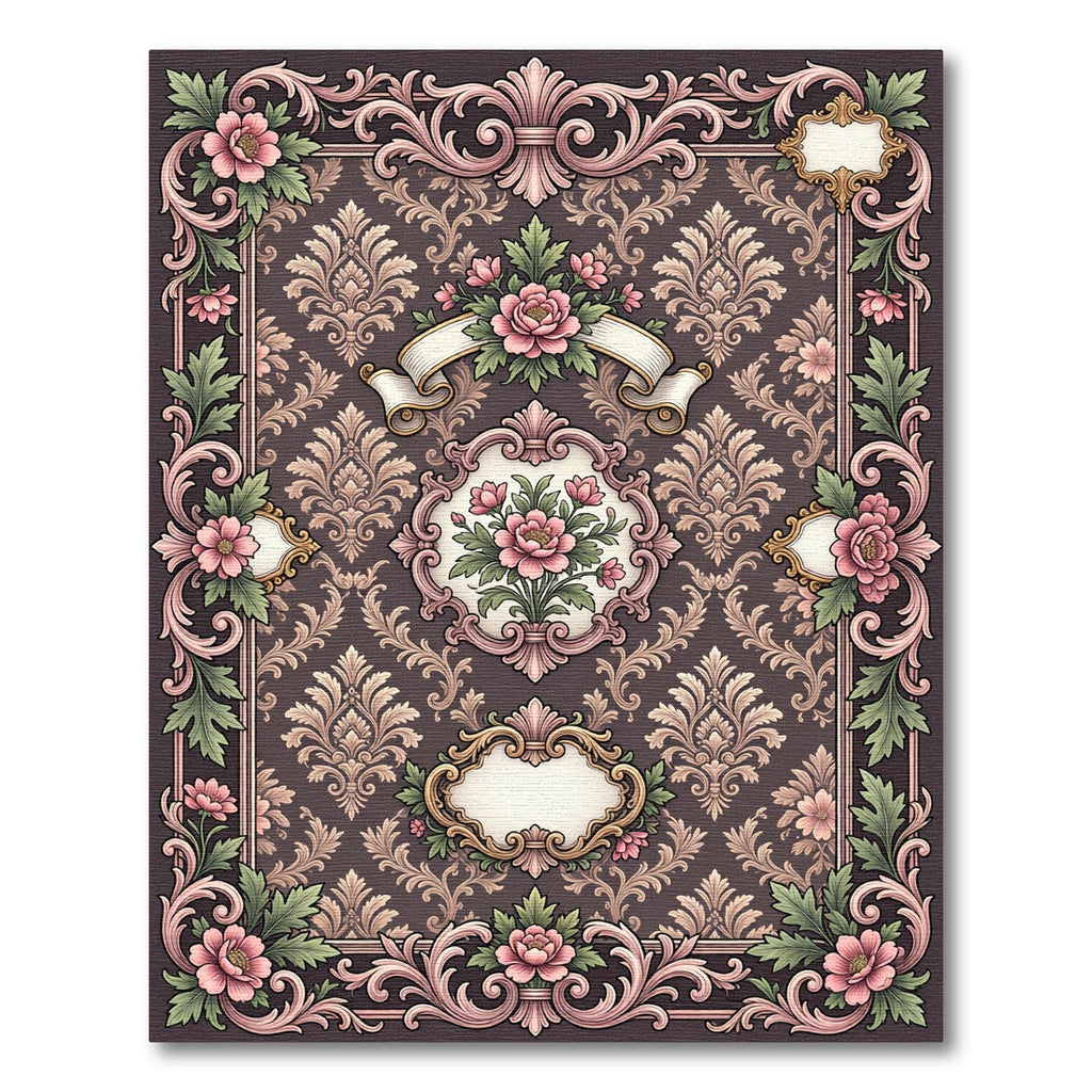 Elegant Pink Peony Scrollwork Frame Rug
