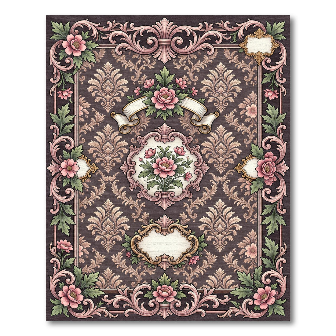 Elegant Pink Peony Scrollwork Frame Rug