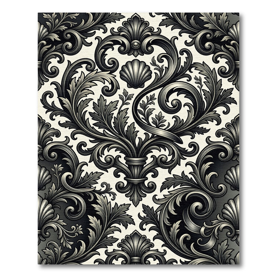 Ornate Black and White Acanthus Scroll Rug