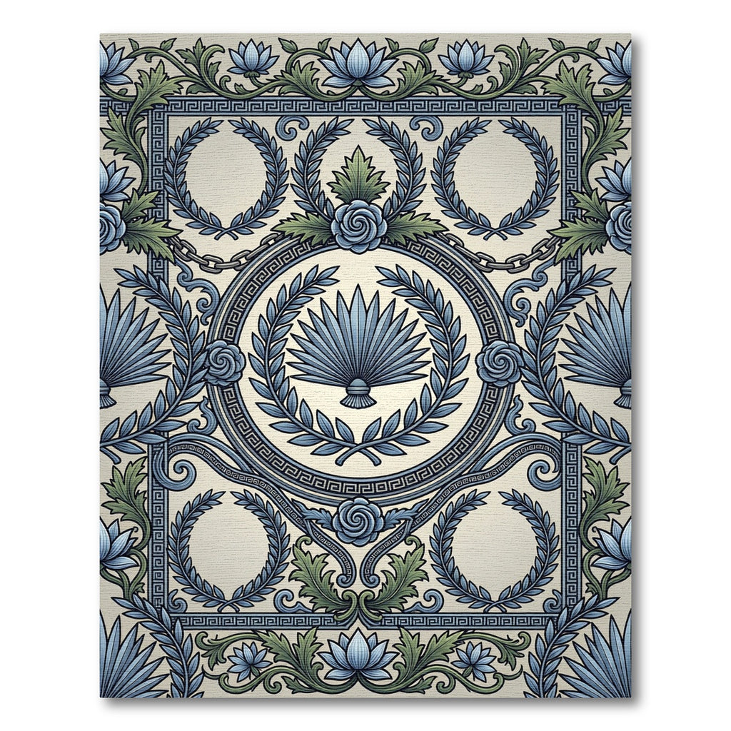Neoclassical Blue Laurel Rose Medallion Rug