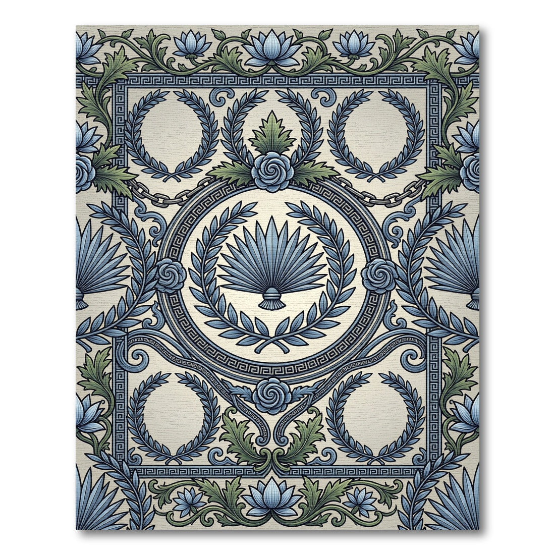 Neoclassical Blue Laurel Rose Medallion Rug