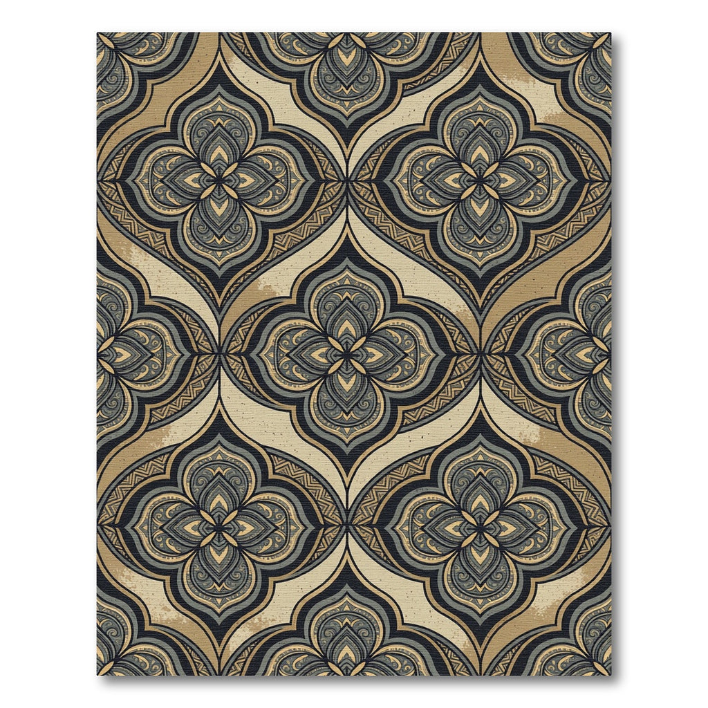Ornate Midnight Gold Damask Medallion Rug