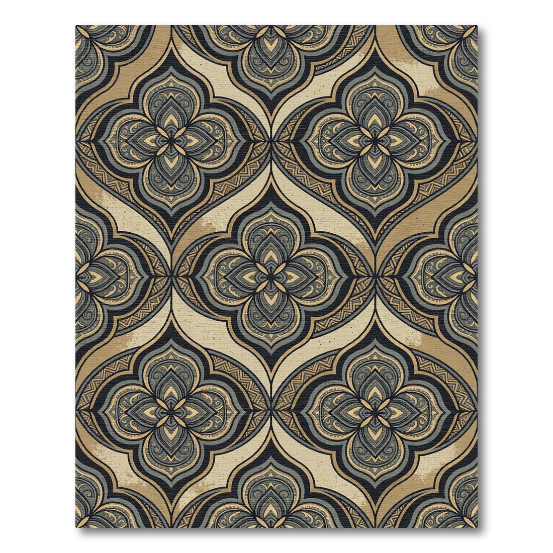Ornate Midnight Gold Damask Medallion Rug