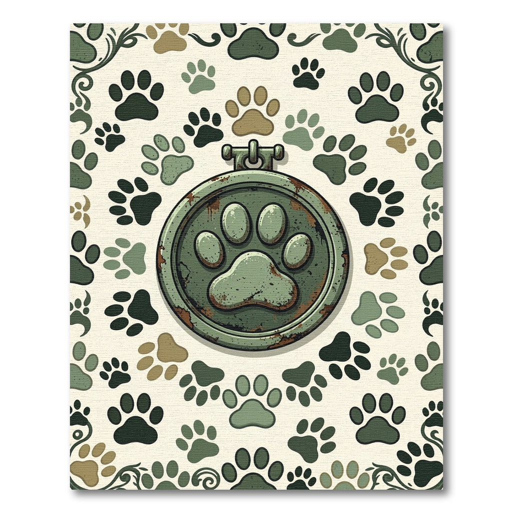 Distressed Military Green Paw Medallion Rug
