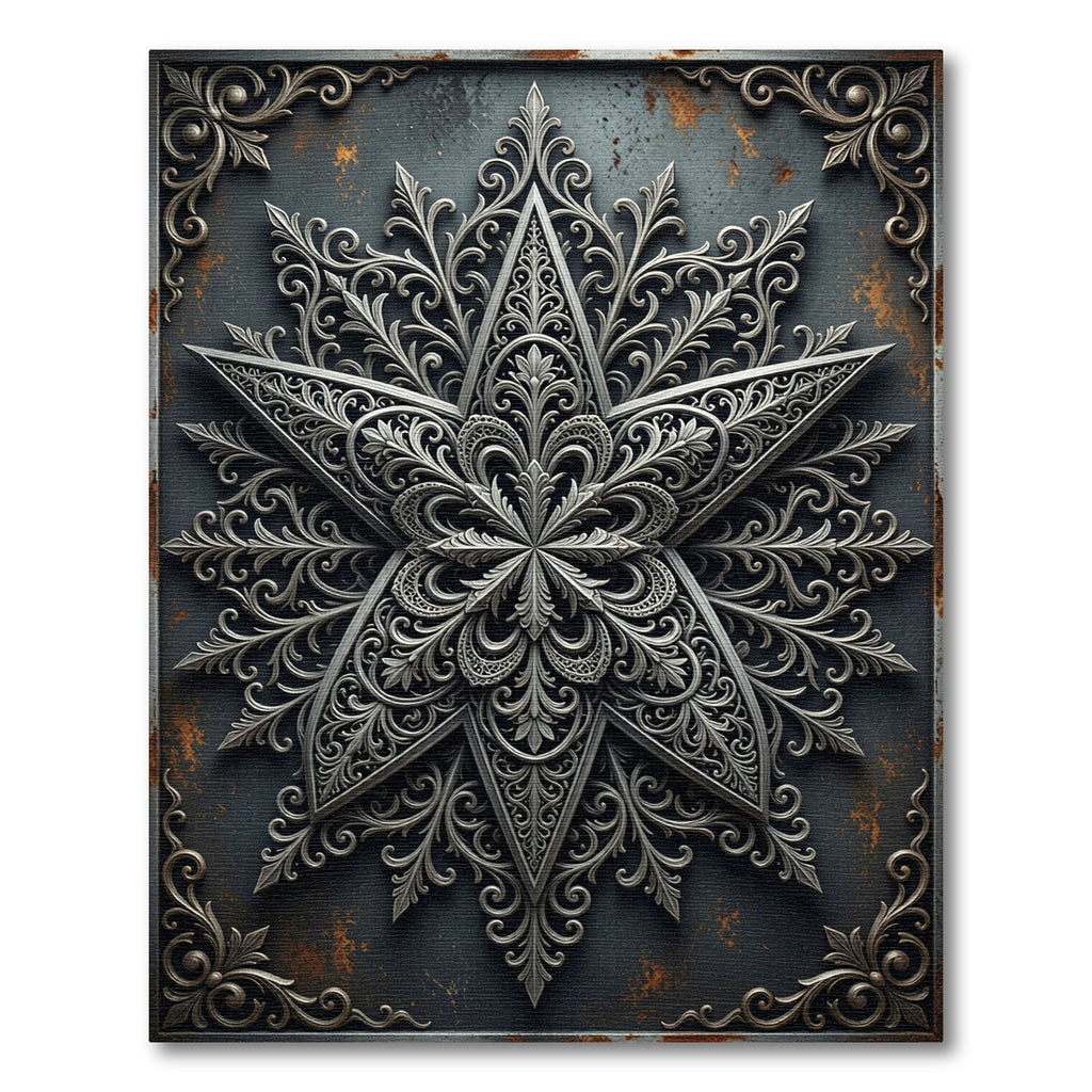 Ornate Silver Star Aged Iron Medallion Rug