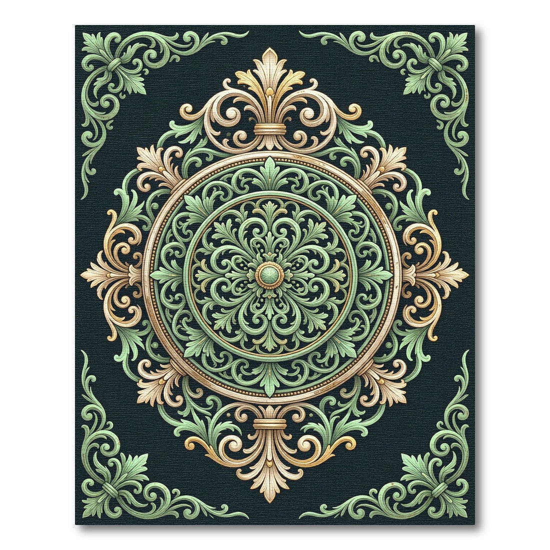 Ornate Sage and Gold Damask Medallion Rug