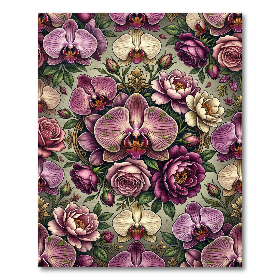 Elegant Mauve Orchid Rose Botanical Arrangement Rug