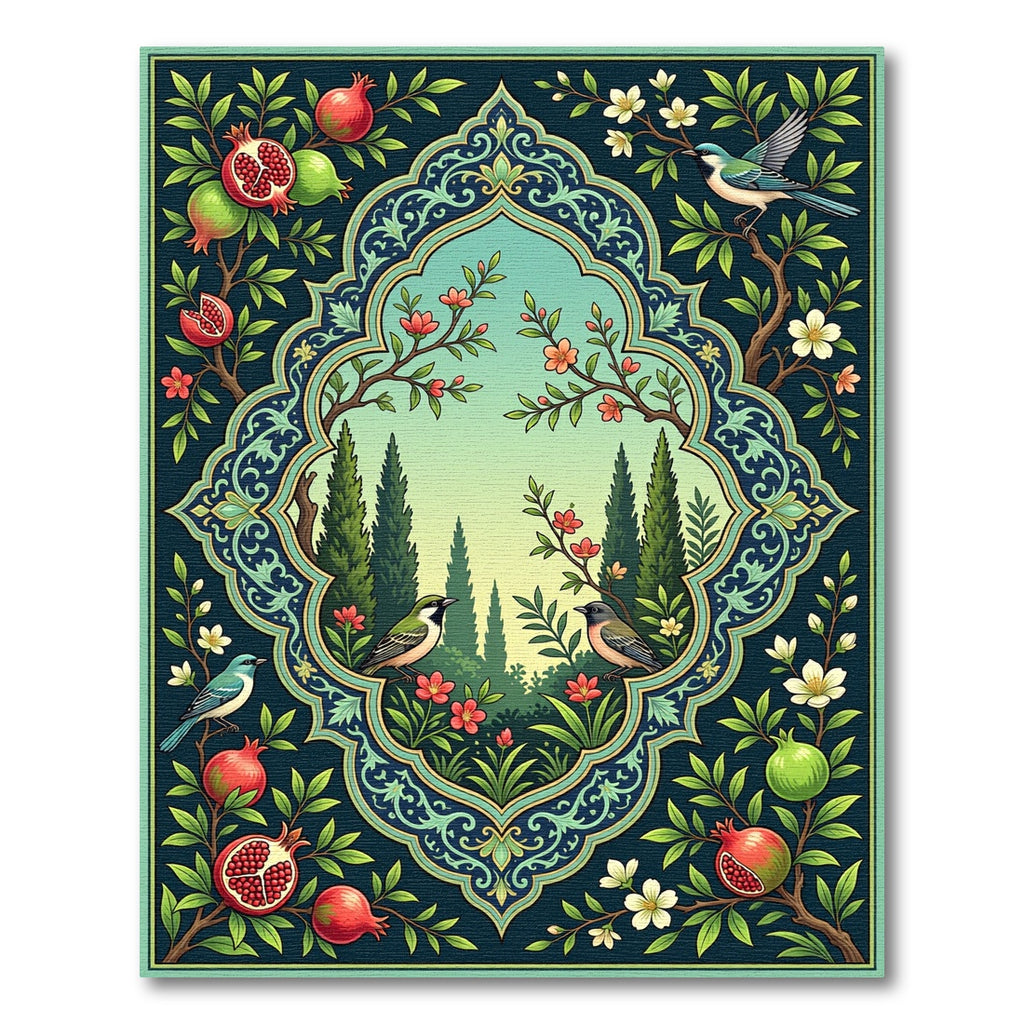 Ornate Pomegranate Birds Garden Scene Rug