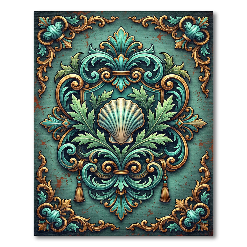 Ornate Teals Gold Scalloped Shell Scrollwork Rug
