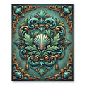 Ornate Teals Gold Scalloped Shell Scrollwork Rug