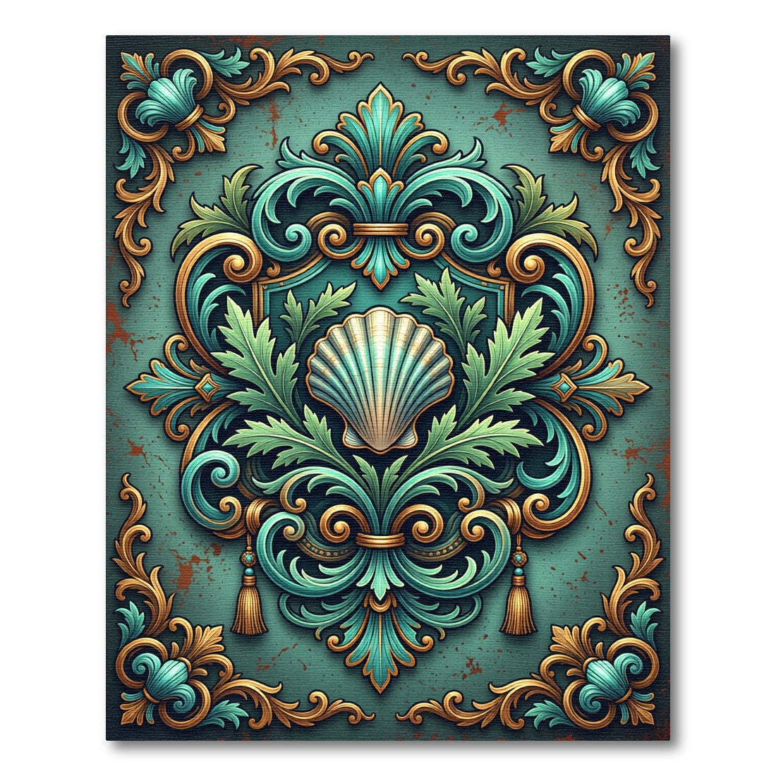 Ornate Teals Gold Scalloped Shell Scrollwork Rug