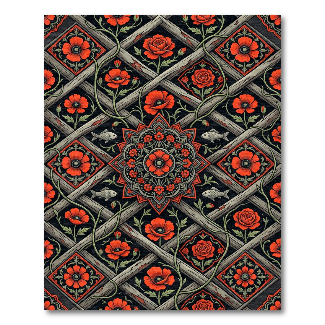 Dark Floral Lattice with Red Blooms Rug