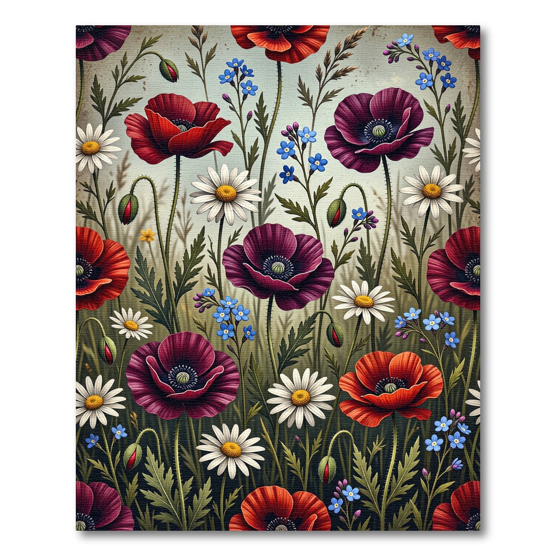 Vibrant Red Plum Poppies Dandelions Rug
