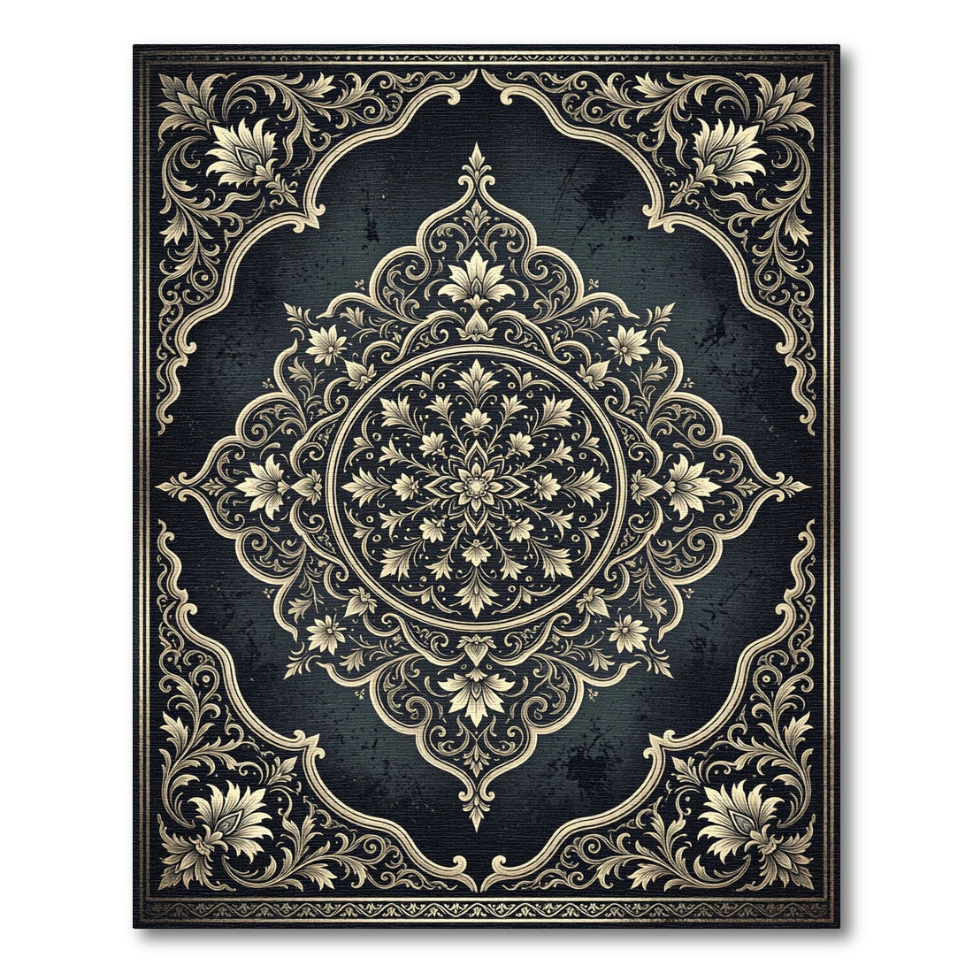 Ornate Gold Floral Medallion Charcoal Backdrop Rug