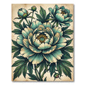 Vintage Teal Peony Botanical Illustration Rug