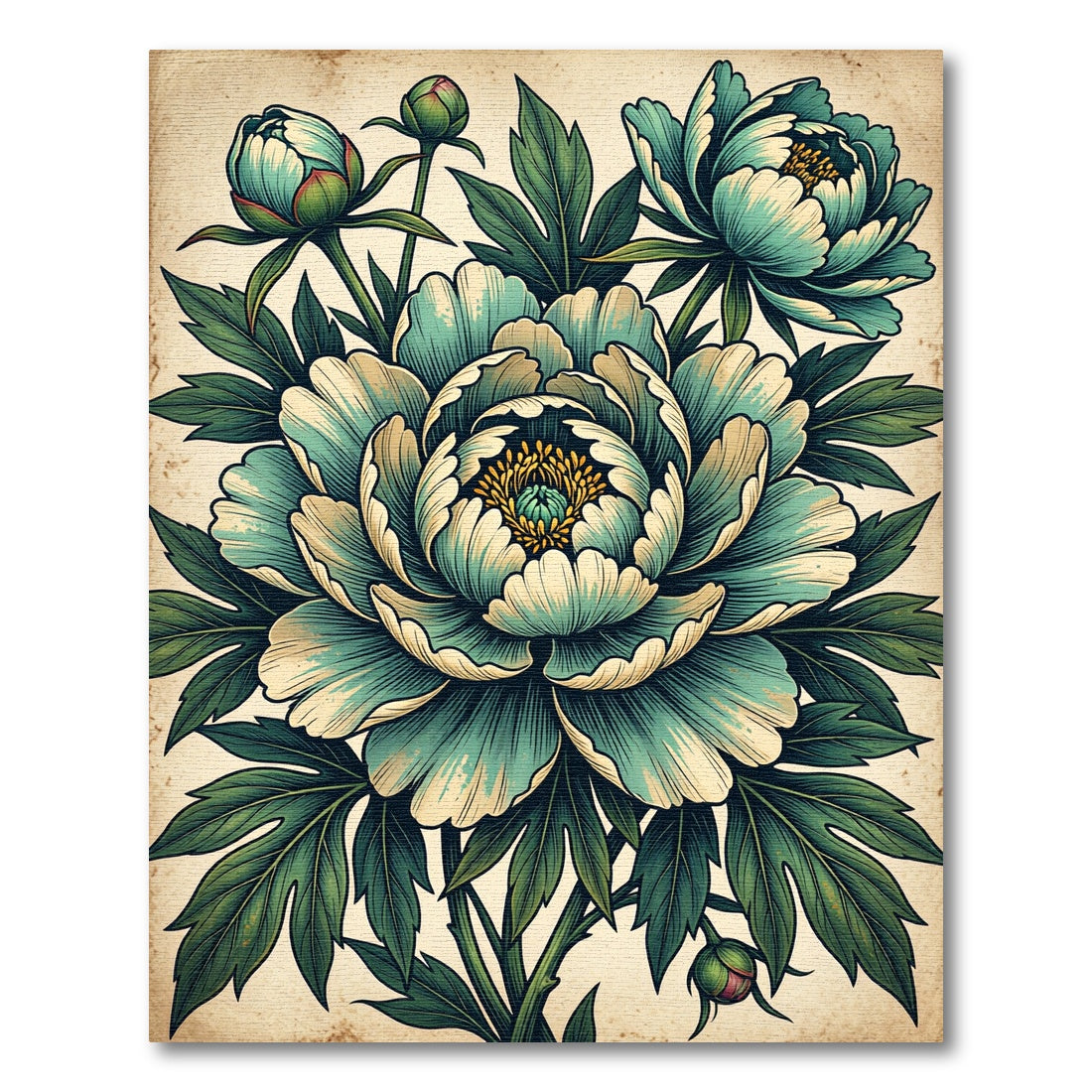 Vintage Teal Peony Botanical Illustration Rug
