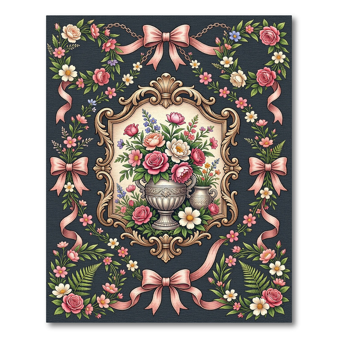 Ornate Floral Rose Ribbon Garland Rug