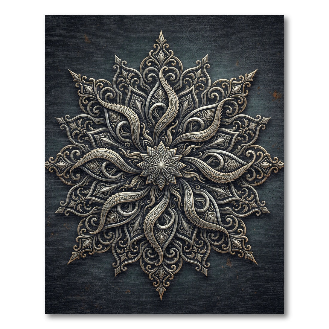 Ornate Metallic Silver Floral Medallion Rug