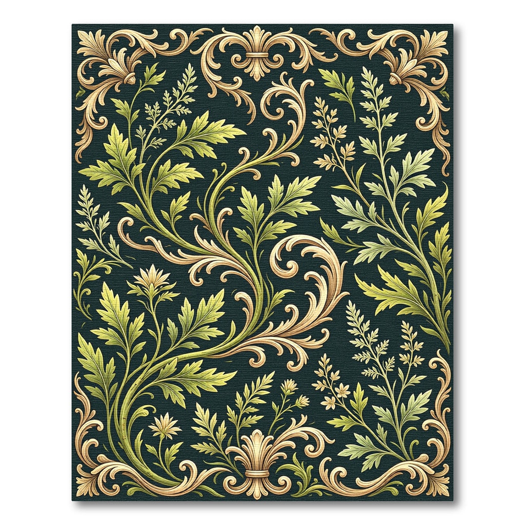 Elegant Sage Green Golden Baroque Scroll Rug