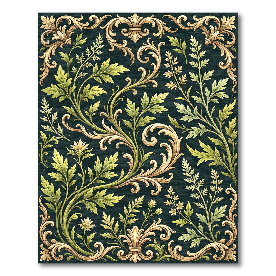 Elegant Sage Green Golden Baroque Scroll Rug