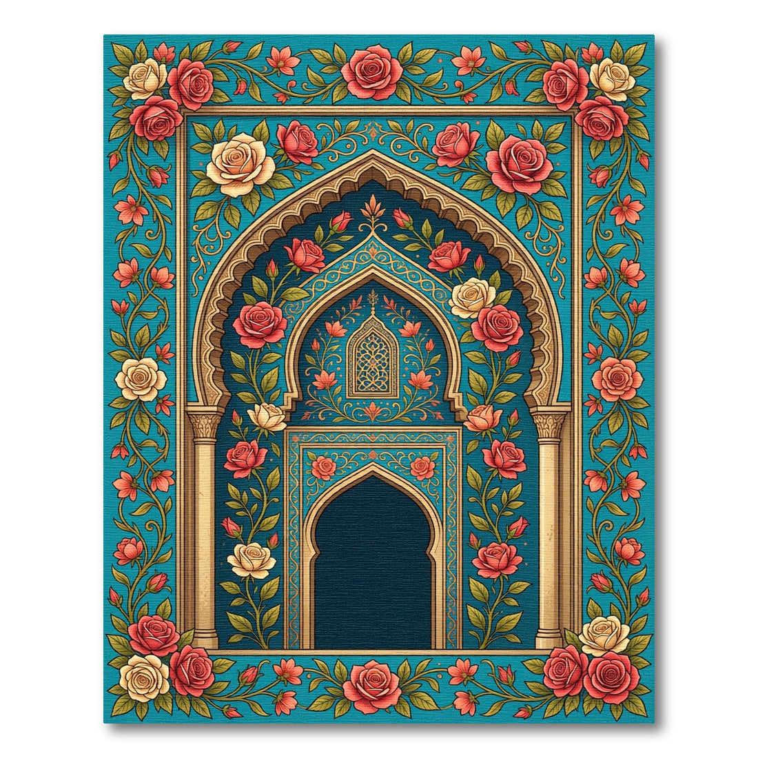 Ornate Floral Arch Rose Teal Tapestry Rug
