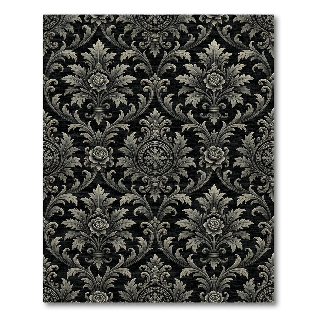 Elegant Black and Silver Damask Rose Rug