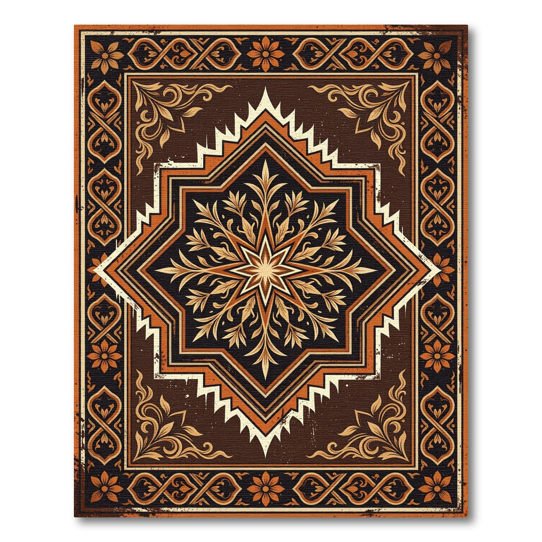 Vintage Brown Gold Floral Medallion Rug