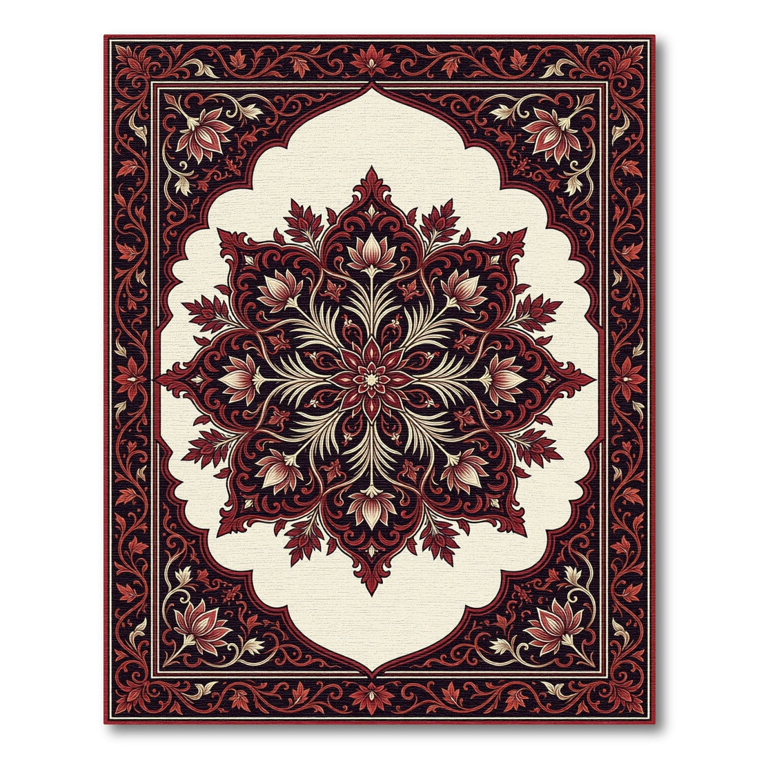 Elegant Crimson Floral Medallion Ivory Background Rug
