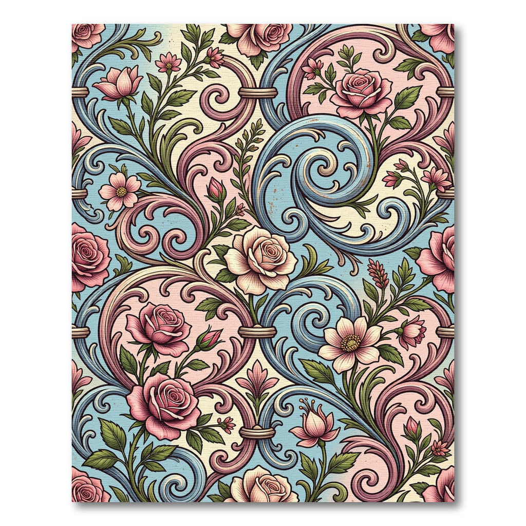 Elegant Pastel Rose Floral Scrollwork Rug