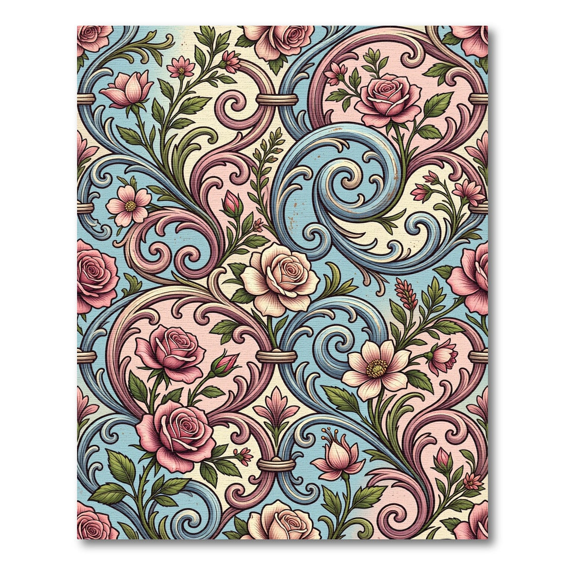 Elegant Pastel Rose Floral Scrollwork Rug