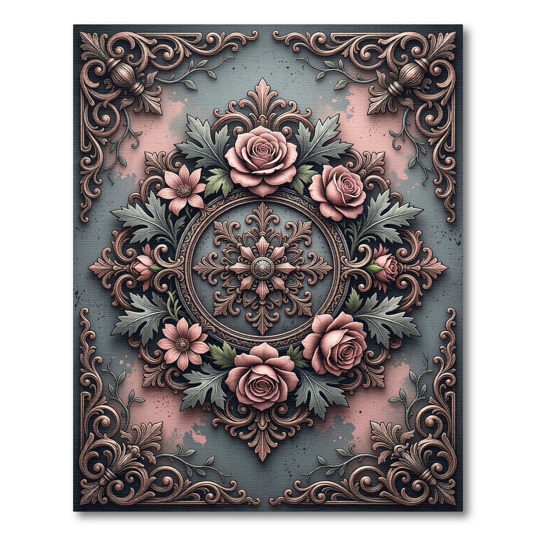 Pink Roses Baroque Scroll Medallion Rug