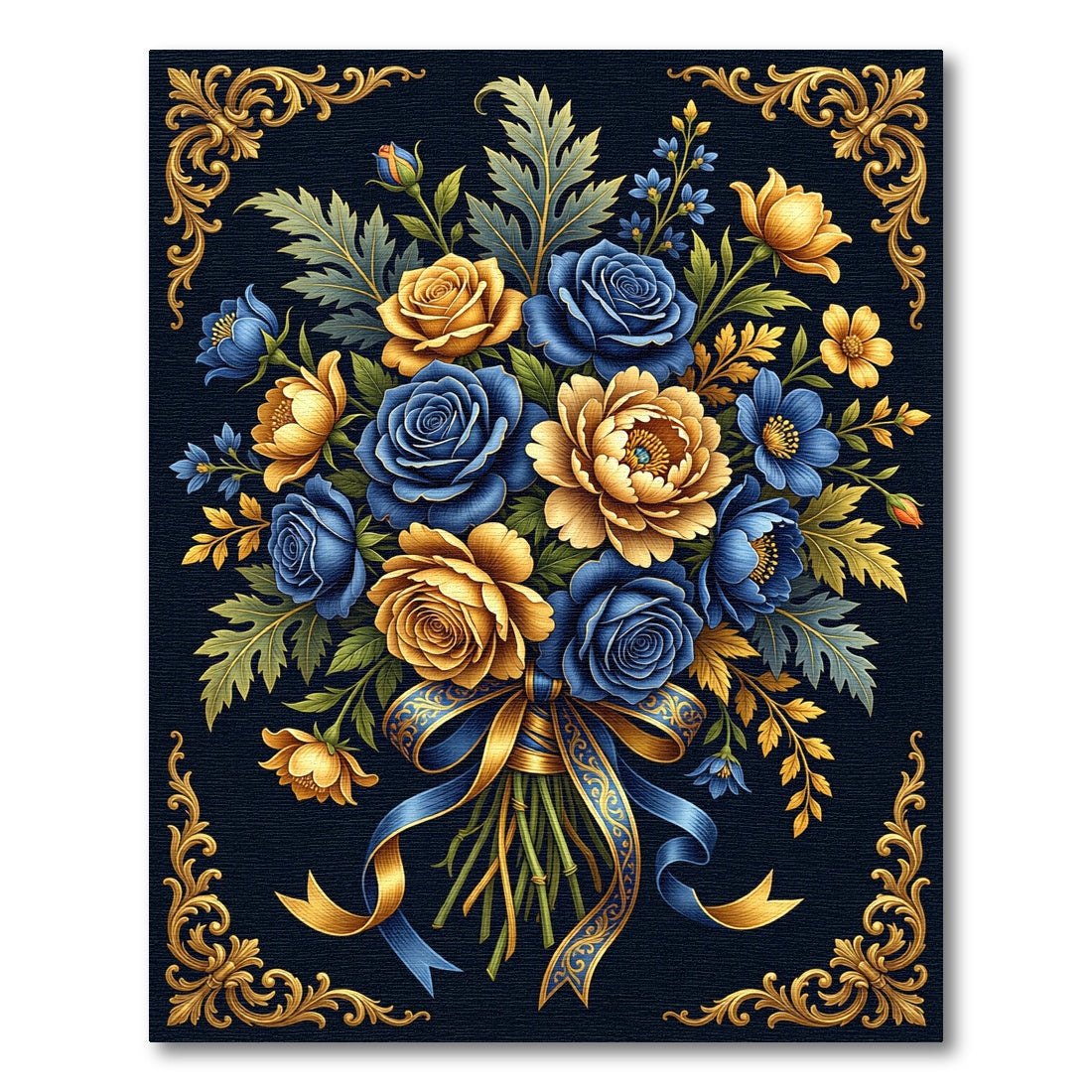 Golden Rose and Navy Floral Bouquet Rug