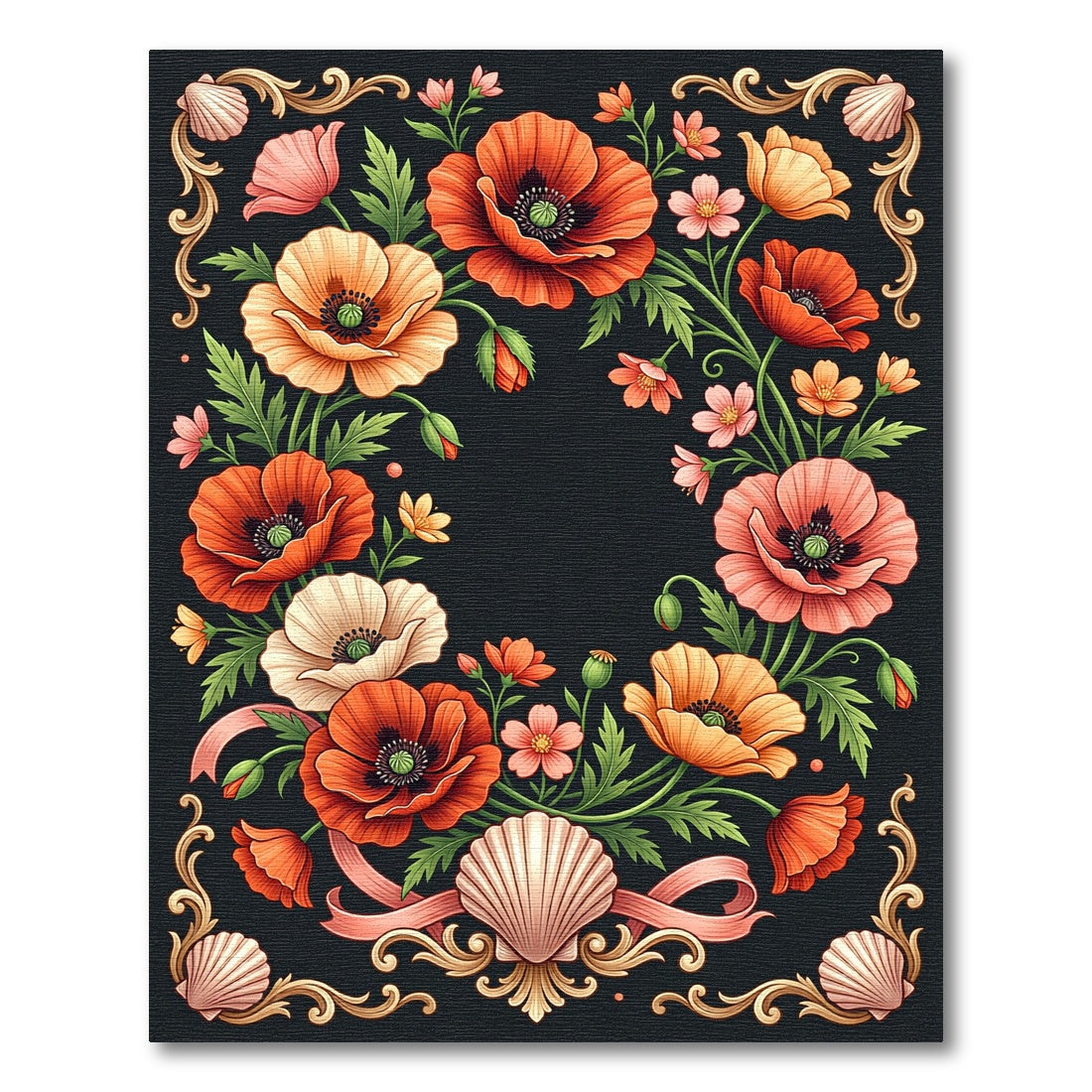 Vintage Floral Poppy Shell Wreath Rug
