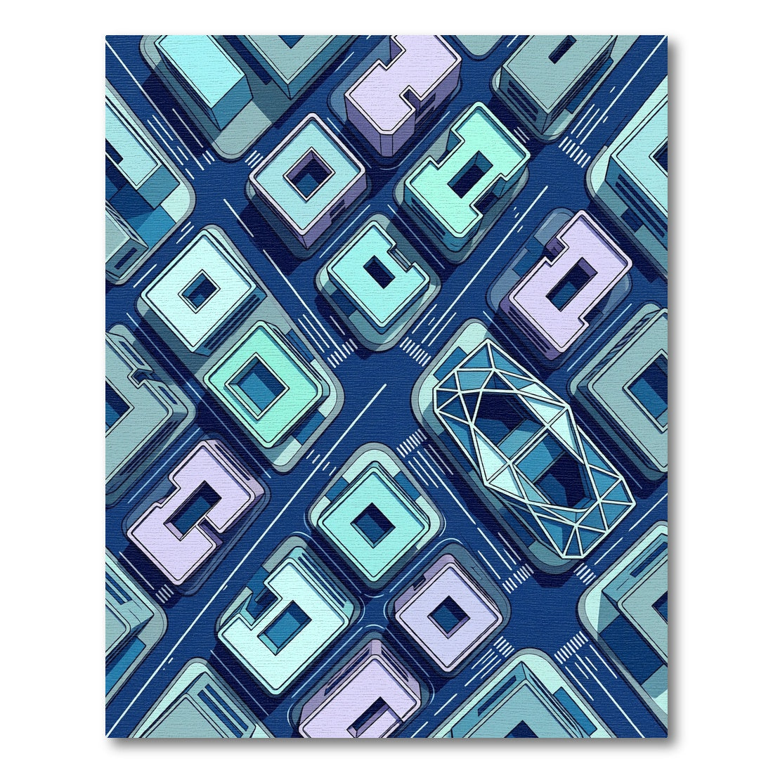 Modern Isometric Blue Geometric Cityscape Rug