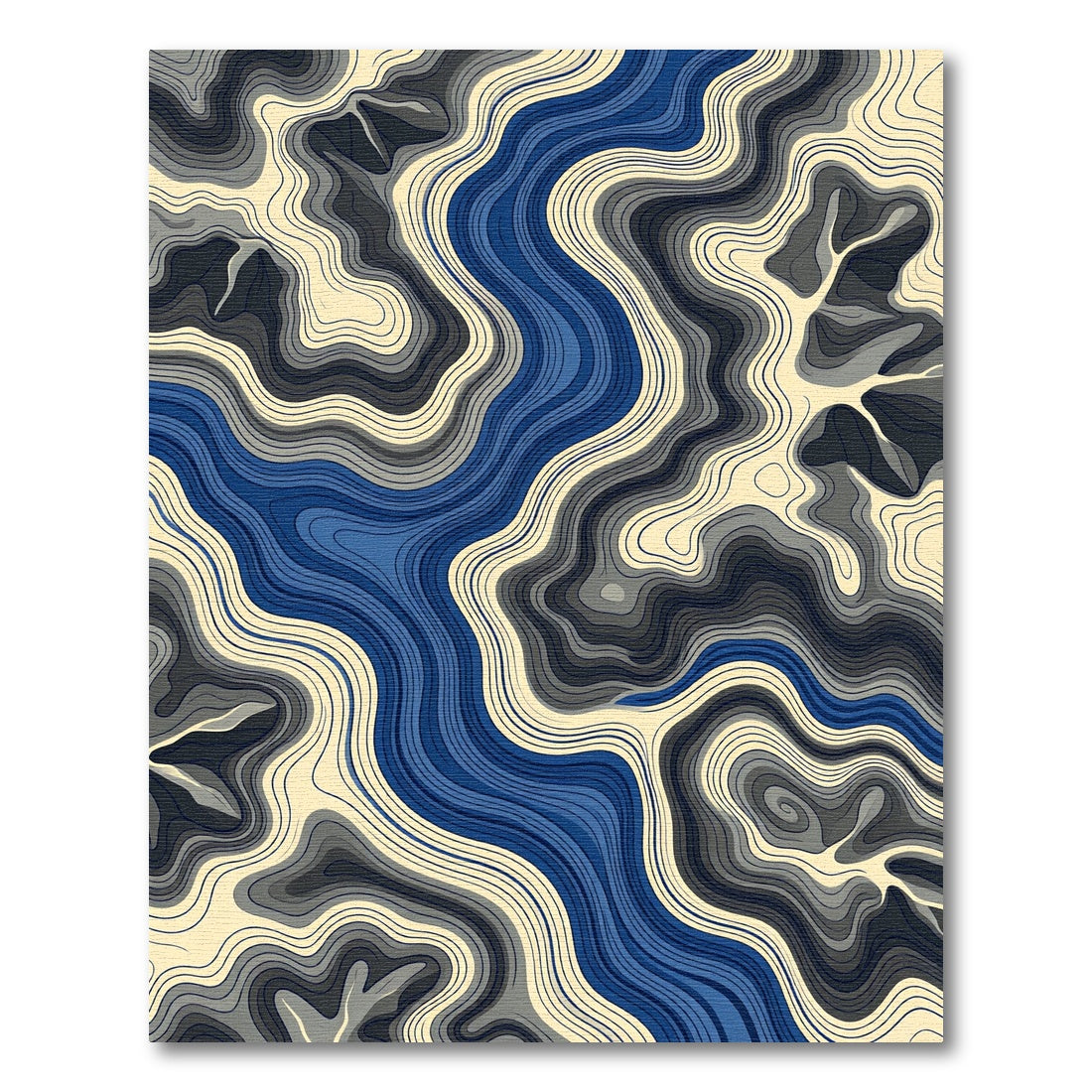 Abstract Blue Cream Topographic Contour Flow Rug