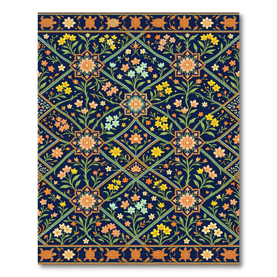 Navy Floral Lattice with Turtle Border Rug