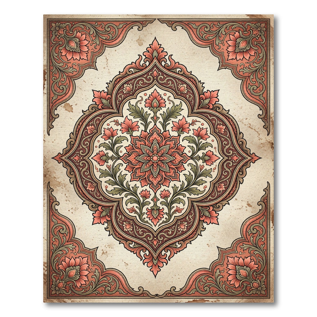 Coral And Sage Floral Medallion Detail Rug