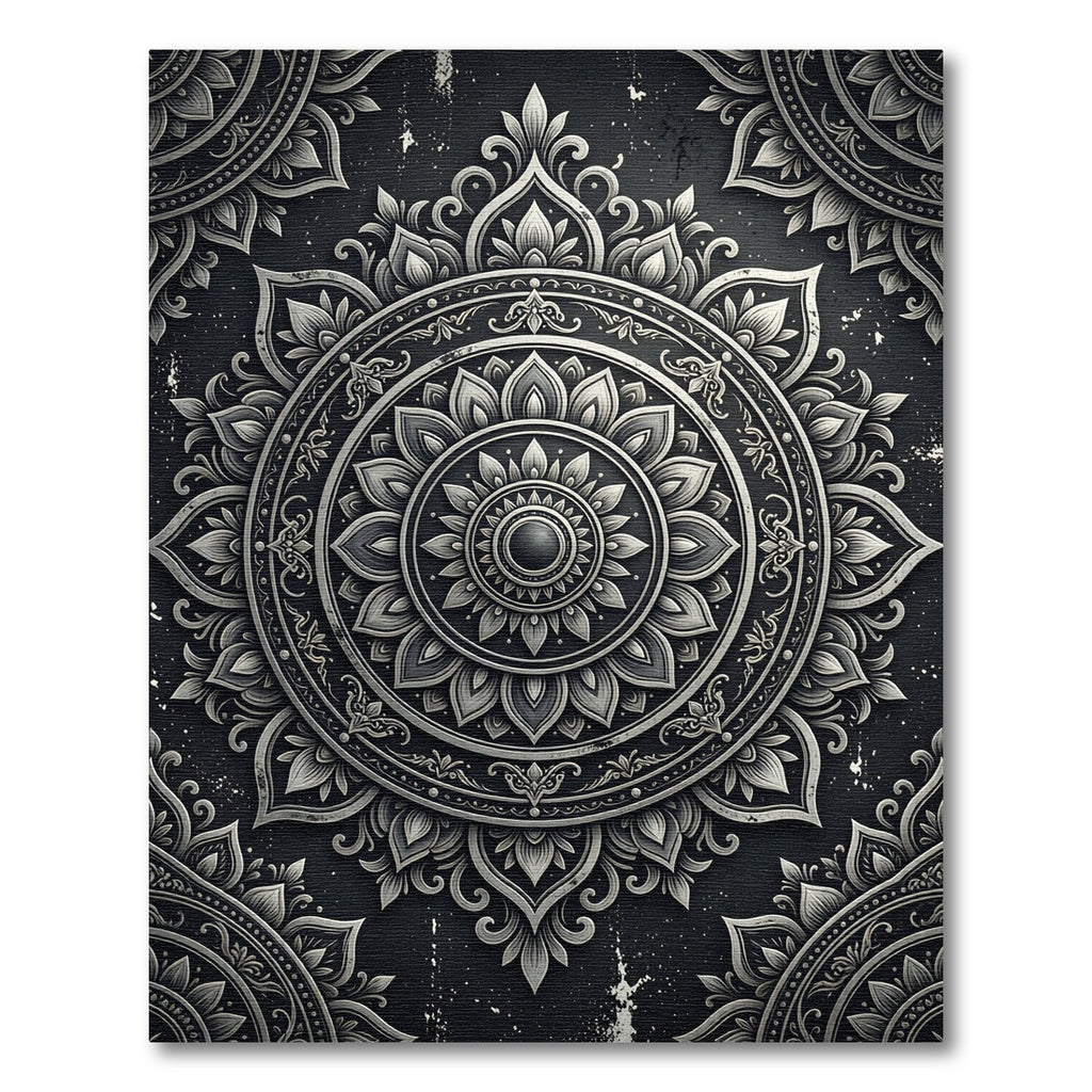 Ornate Silver Monochrome Floral Medallion Rug