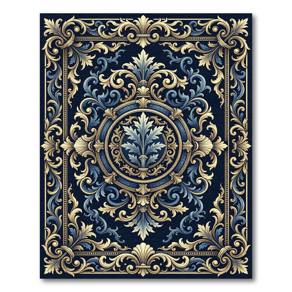 Elegant Navy Gold Baroque Floral Medallion Rug