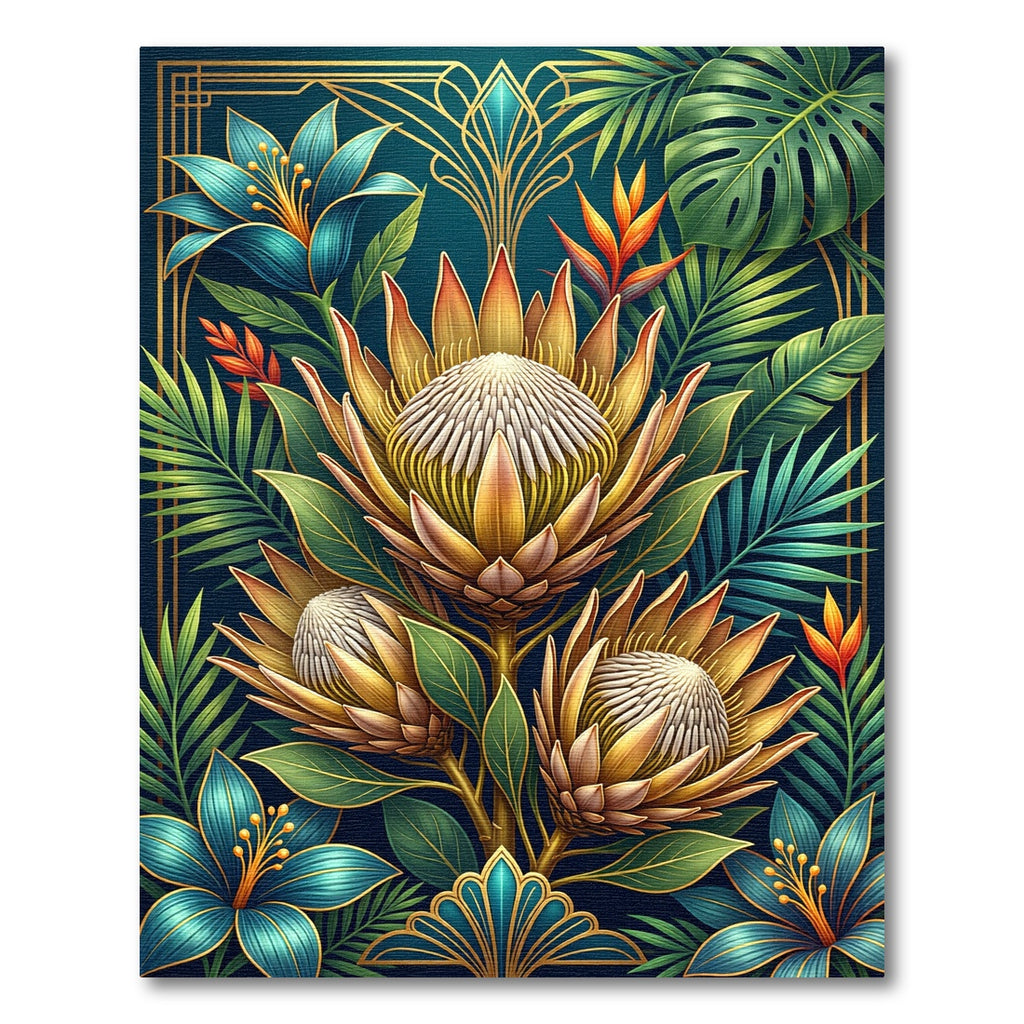 Art Deco Golden Protea Tropical Foliage Rug