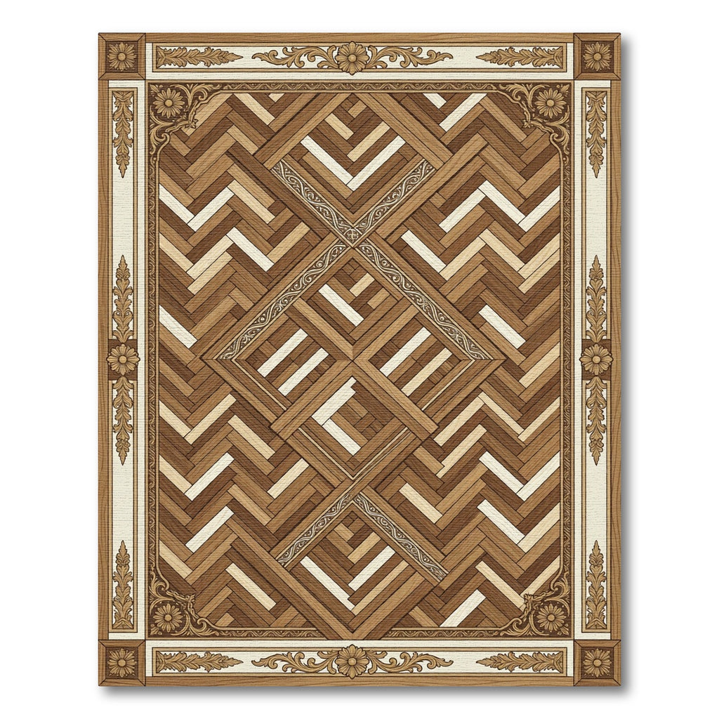 Elegant Wood Tone Parquet Border Rug