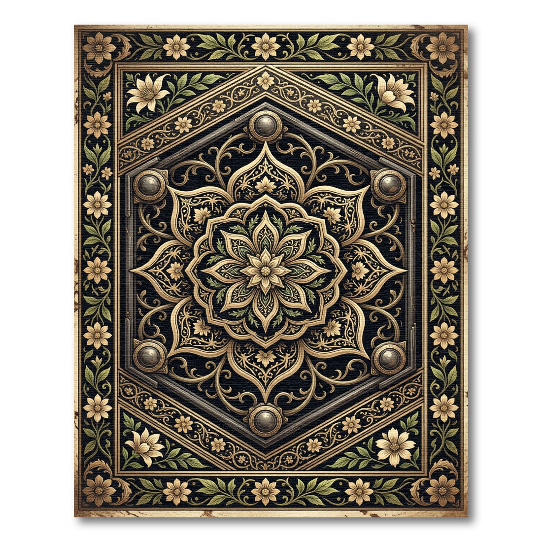 Ornate Gold Floral Hexagon Medallion Rug