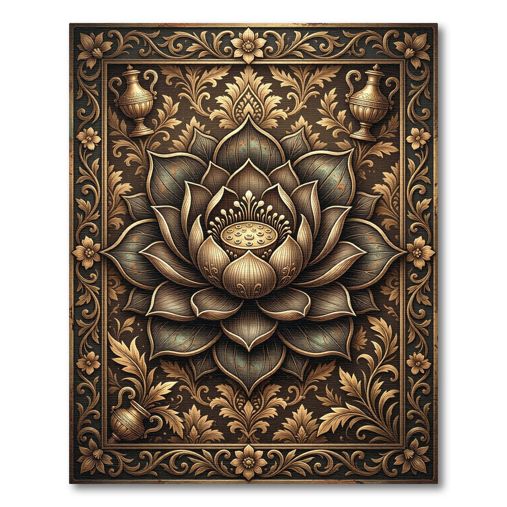 Ornate Golden Lotus Blossom Frame Rug