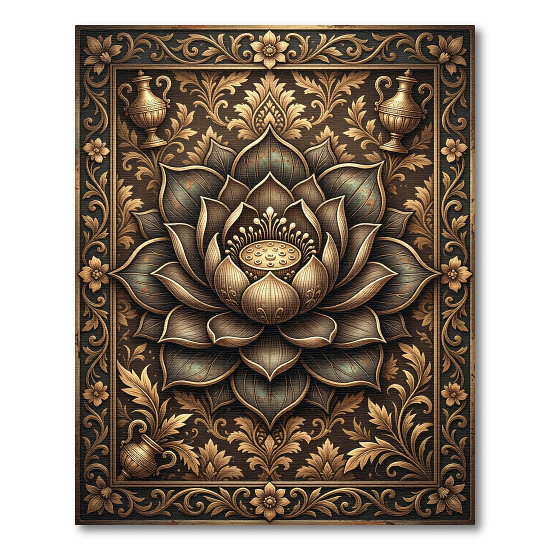Ornate Golden Lotus Blossom Frame Rug