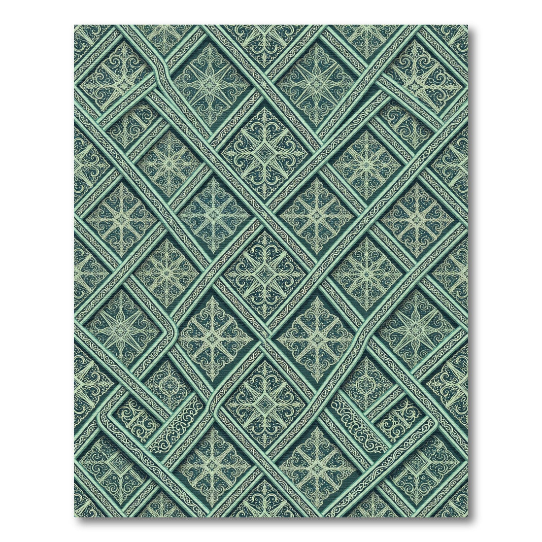 Emerald Sage Interlocking Lattice Damask Rug