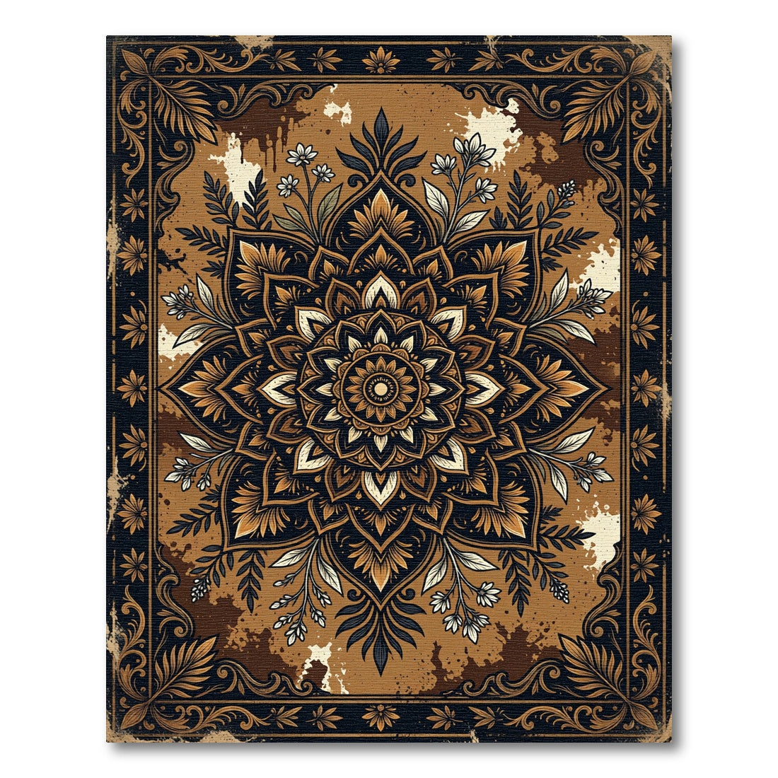Elegant Earthy Tone Black Floral Medallion Rug