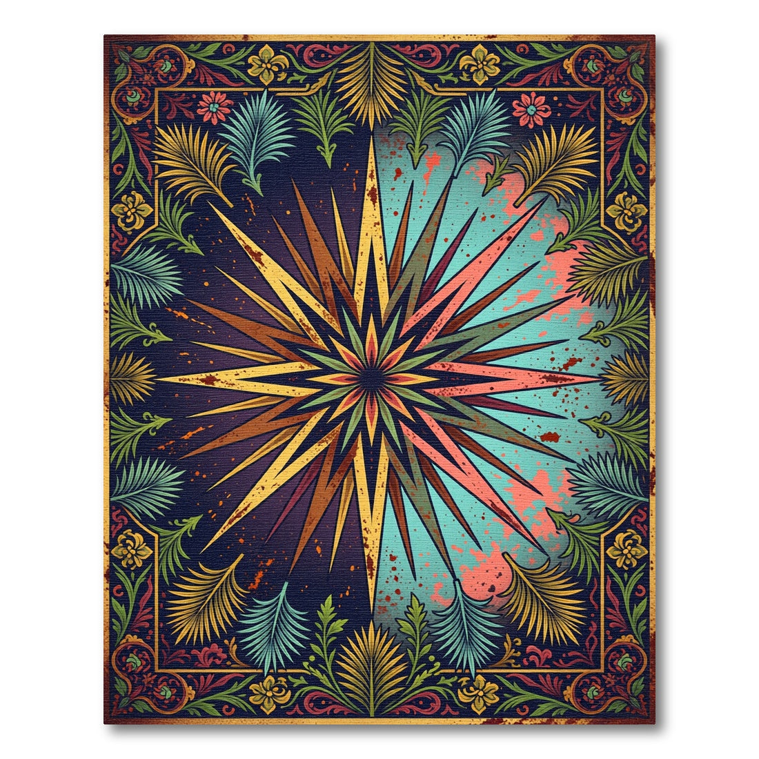 Celestial Golden Starburst Teal Foliage Rug