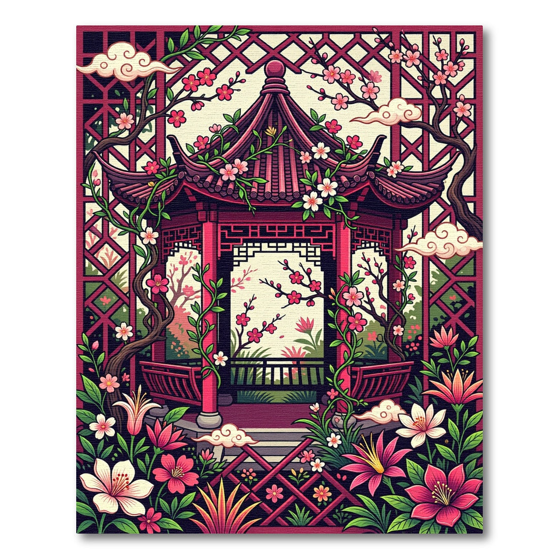 Vibrant Sakura Pavilion Floral Garden Rug