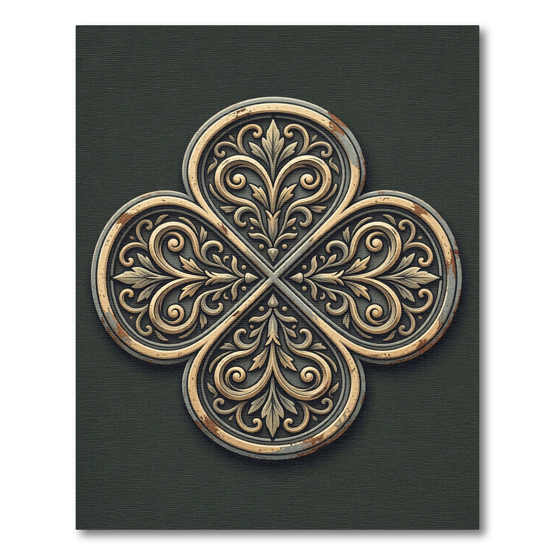 Ornate Antiqued Gold Quatrefoil Emblem Rug